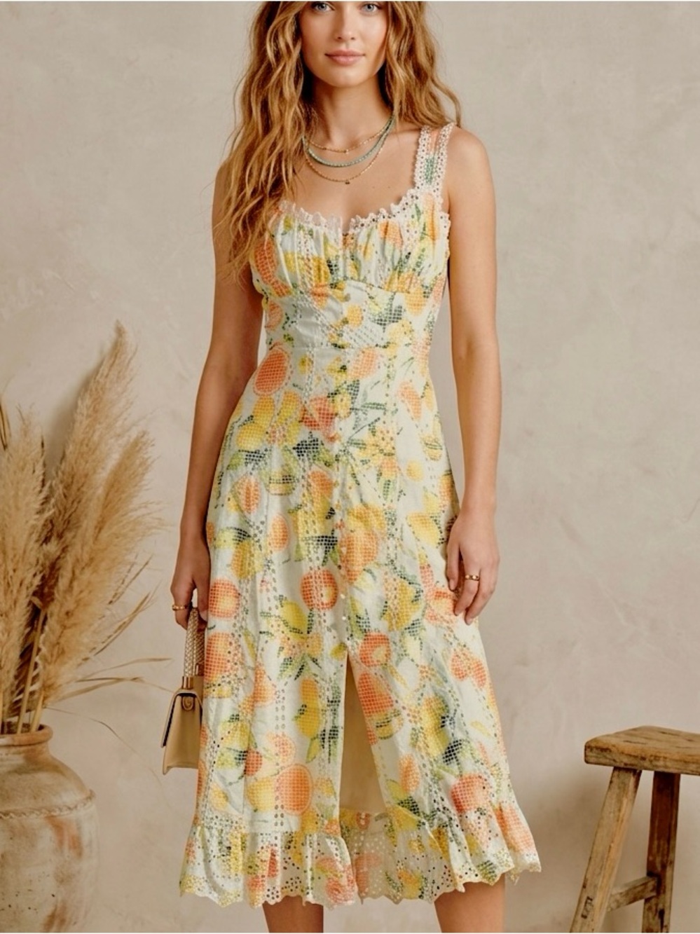 NWT Anthropologie ruffled eyelet fruit print delicate lace trim Midi Dress Sz XS